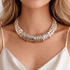 E&L Sterling Silver Electroform Necklace w 3 Rows Genuine Pearl Necklace Collar